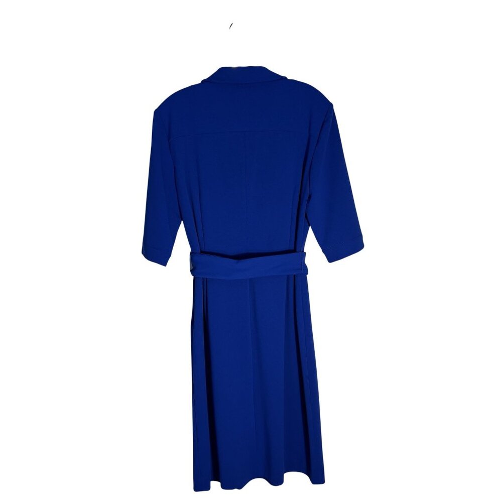 Tahari Arthur S. Levine Blue Belted Midi Faux Wrap Dress Collared Neck - Picture 2 of 11